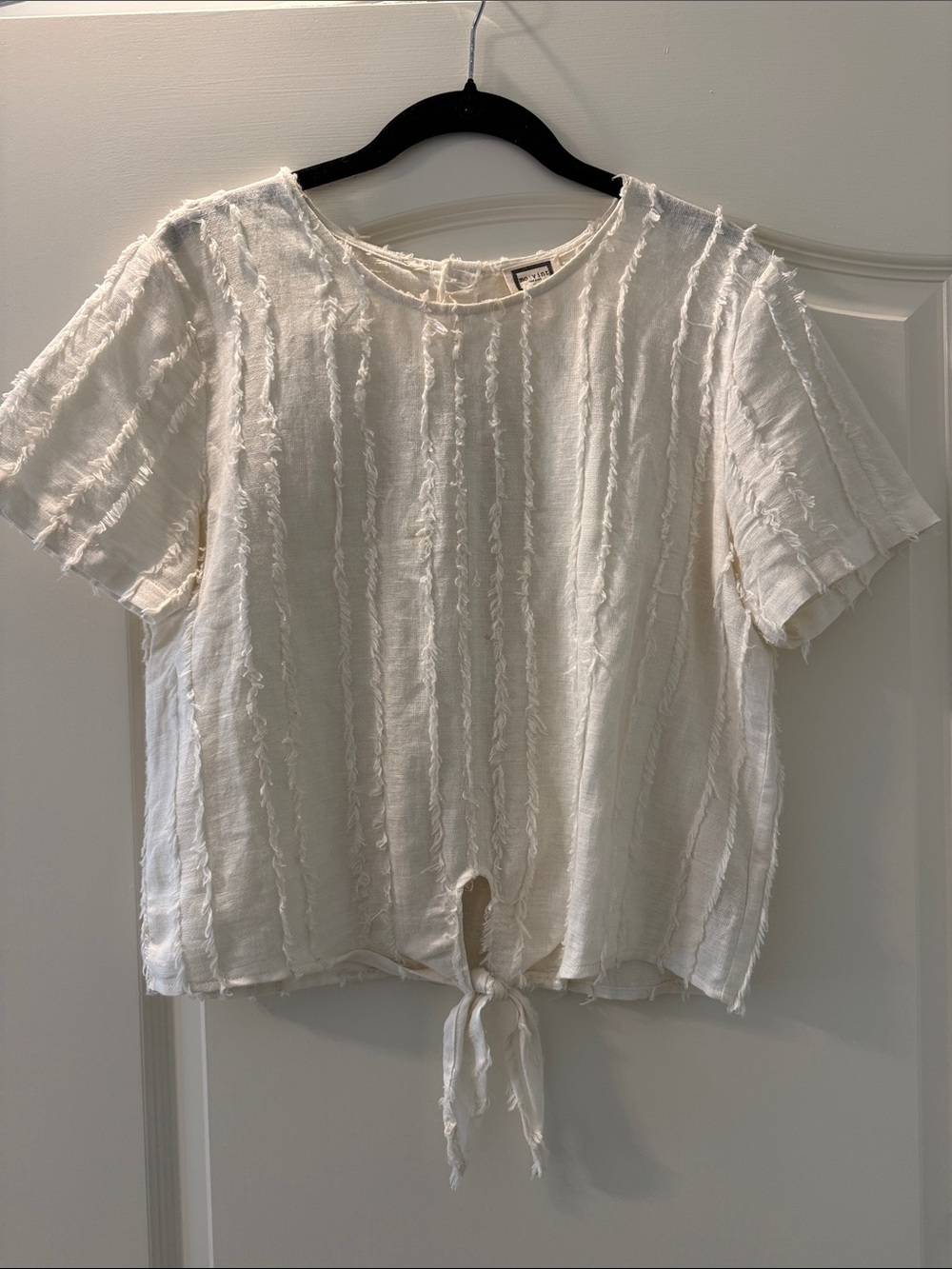 Women's Ivory Textured Tie-Front Short Sleeve Top